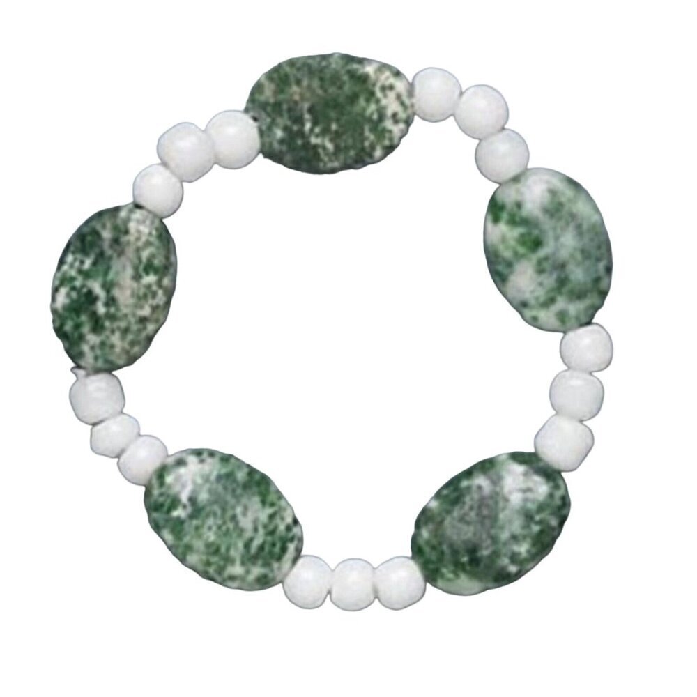 Green Tree Agate White Glass Chunky Gemstone Bracelet Small Size
